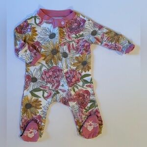 Burt's Bees Baby Pink and Yellow Floral 2-way Zippered Footie 0-3M EUC